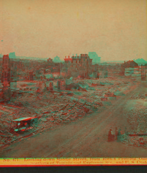 Looking down Middle St., from Rich's Printing Office, showing  portion of Temple and Exchange Sts., and U.S. Custom House. 1866