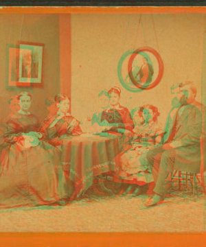 [Studio portrait of family, stereo-viewer on table, one girl with book.] 1860?-1895?