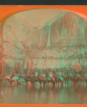 [Tourists on horseback, Yosemite Falls, California.] 1870?-1885?