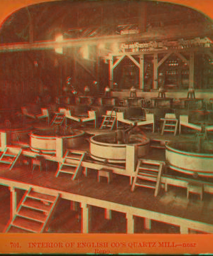 Interior of English Co.'s quartz mill--near Reno. 1867?-1920?