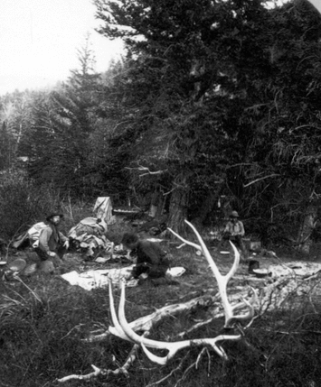 Canyon of the West Gallatin, Montana Territory. Camp in the Upper Canyon of the West Gallatin River. Gallatin County, Montana. 1872.