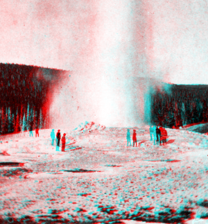 Yellowstone National Park, Wyoming. Old Faithful in Upper Geyser Basin in eruption. 1872.