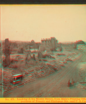 Looking down Middle St., from Rich's Printing Office, showing  portion of Temple and Exchange Sts., and U.S. Custom House. 1866