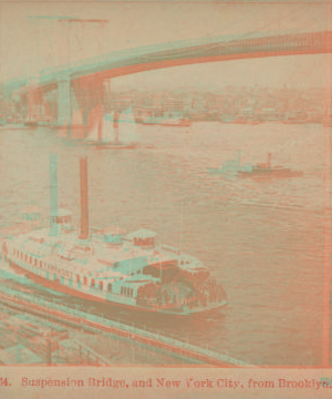 Suspension bridge, and New York City, from Brooklyn. [1867?-1910?]