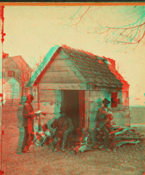 School house. [Man in a top hat in front of a shack with several boys with books.] 1868?-1900?