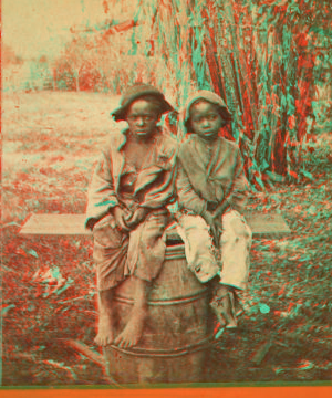 Happy little nig's. [Two boys sitting on a barrel in a field.] 1868?-1900?