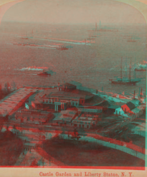 Castle Garden and Liberty Statue, New York [aerial view of harbor]. 1865?-1910? [ca. 1880]