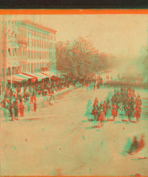 The Army of the Potomac. Looking up Pennsylvania Avenue from the Treasury buildings, Maj. Gen. Humphrey and staff, and 2d Army Corps passing in review. 1861-1865