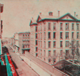 Perspective view of Duane St., showing portion of City Hospital. [1867] [1860?-1880?]