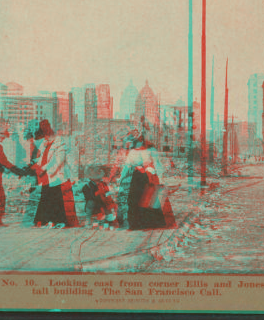 Looking east from corner Ellis and Jones ; Tall building, The San Francisco Call. 1906