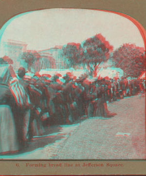 Forming bread line at Jefferson Square. 1906