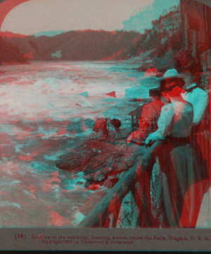 Looking at the tumbling, foaming waters, below the Falls, Niagara, U.S.A. 1895-1903