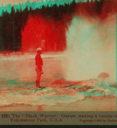 The 'Black Warrior' Geyser waving a banner of steam spray, Yellowstone Park, U.S.A. 1901, 1903, 1904