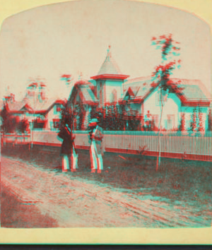 [Two men are talking in front of a church, Orange, N.J.] 1858?-1875? [ca. 1860]