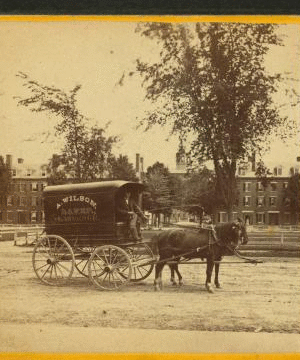 [Wagon with "A. Wilson, Baker, Lawrence" on the canopy.] 1869?-1910?