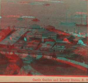 Castle Garden and Liberty Statue, New York [aerial view of harbor]. 1865?-1910? [ca. 1880]