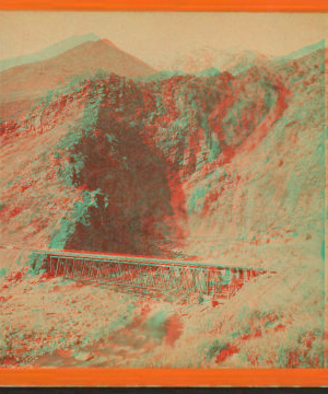 Devil's Gate from the south, the high peaks of the Wahsatch [Wasatch] in the distance. Union Pacific Railroad. 1865?-1885?