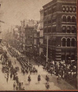 New York, Brdwy. Decoration Day Parade. The big building is Brooks Bros store cor. Bond St. 1859-1899 [ca. 1875]
