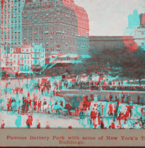 Famous Battery Park with some of New York's tall buildings. 1865?-1910?