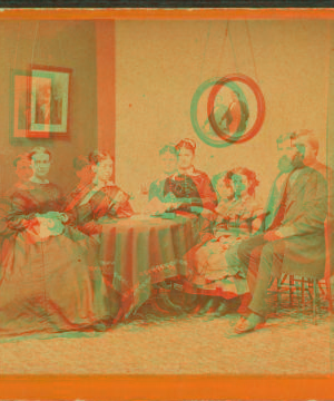 [Studio portrait of family, stereo-viewer on table, one girl with book.] 1860?-1895?