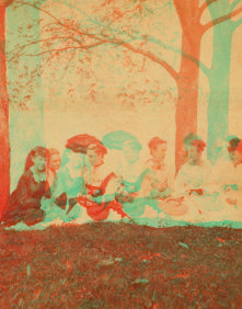 [Ottawa: 6 "young lady Sunday school teachers" on bank of river, one with parasol.] 1865?-1900?