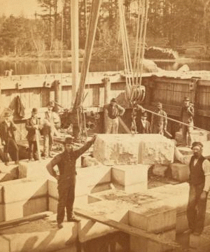 Boston water works, Sudbury River Conduit, Nov. 6th, 1876, Division 1, Section 1, view of Farm Pond gate house foundations, looking towards northeast corner of coffer dam. 1876 1876?-1878?