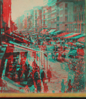 Broadway[street scene with pedestrians, carriages and shops]. 1860?-1875? [ca. 1860]