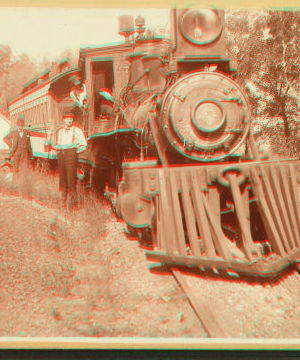 [Locomotive and tender with engineer and other railroad men.] 1859?-1897