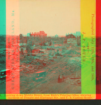 Looking down Middle St., from Rich's Printing Office, showing  portion of Temple and Exchange Sts., and U.S. Custom House. 1866