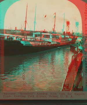 Steamer "Rosalind" loaded with oils for export trade, leaving Port Arthur, Texas, U.S.A.. 1865?-1915? 1915