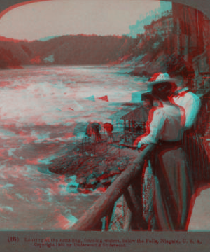 Looking at the tumbling, foaming waters, below the Falls, Niagara, U.S.A. 1895-1903