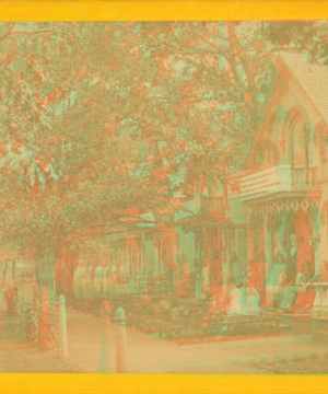 [View of cottages with people on the porch of the nearest one.] 1865?-1885?