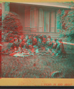 [Group portrait of women sitting on the grass in front of a house.] [1870?-1880?]