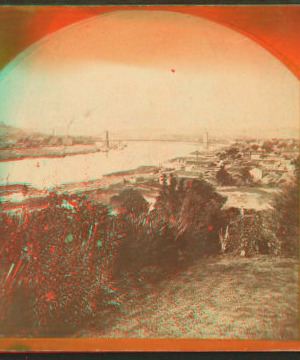 General view with the Cincinnati and Covingting suspension bridge and the Ohio river. 1865?-1895?