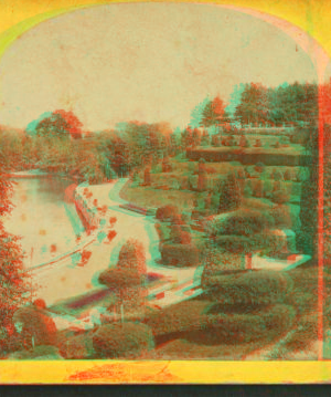 [View of an unidentified garden showing topiary work and walkways.] 1872