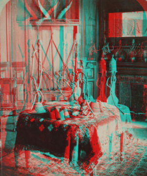 Interior of the McGraw-Fiske Mansion, Ithaca, N.Y. Professor Fisk's smoking room with oriental pipes and Cairo chair. (W. H. Miller, architect) [1879?-1883?]