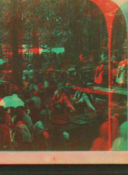 [View of people standing and sitting at long tables under trees.] 1865?-1885?