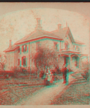 [View of a couple and a child in front of their home.] 1858?-1875? [ca. 1860]