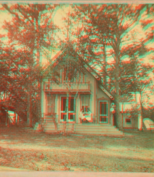 [View of a cottage, trees in front, people on porch.] 1865?-1885?