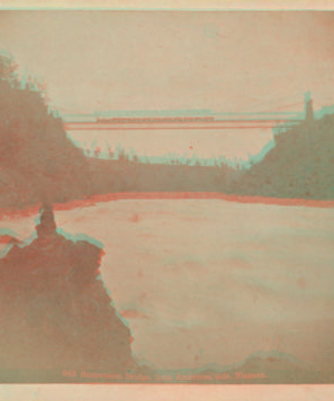 Suspension Bridge, from American side, Niagara. [Train crossing the bridge.] [1859?-1885?]