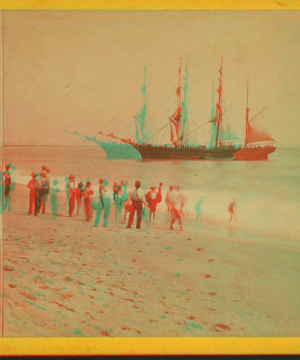 [People on the shore looking at a ship.] 1867?-1890?