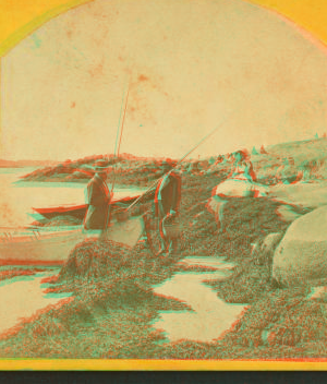 [View of people with fishing poles standing by a boat on the shore.] 1858?-1890?