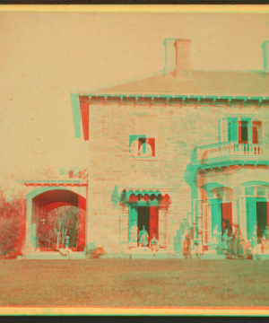 [Family posing in front and in the porch of Stone House.] 1860?-1869?