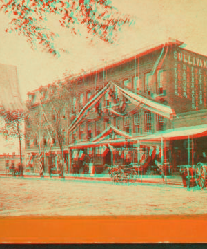 [View showing Sullivan building decorated with ribbons.] 1859?-1885?