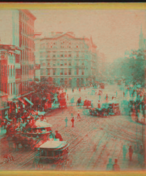 Park Row from Tryon Row, the City Hall Park on the right, showing the Times Building, and a distant view of St. Paul's Church. 1860?-1875? ca. 1865