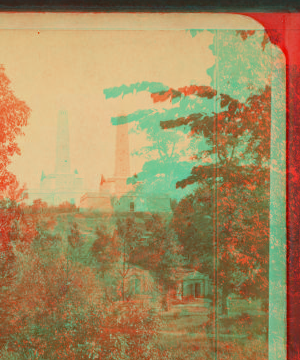 National Lincoln Monument, Springfield, Illinois. View from a point slightly east of north from the Monument, and across a ravine running east and west through Oak Ridge Cemetery. 1870?-1917