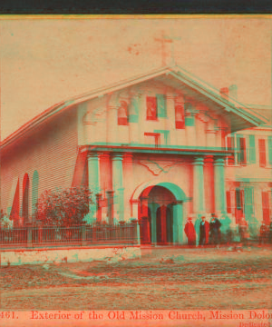 Exterior of the Old Mission Church, Mission Dolores. Dedicated in 1776. 1865?-1880? 1863