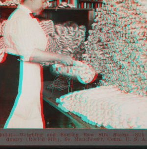 Weighing and sorting raw silk skeins. Silk industry (reeled silk), South Manchester, Conn., U.S.A. c1914 1914