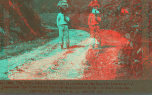 The Mail, like all burdens, is carried on the head in Jamaica. -- A Jamaican mail carrier en route from a country station to Port Antonio. 1904