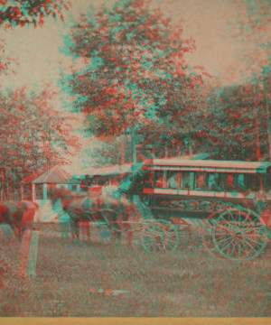 [Several young women in a horse-drawn omnibus at the tower on Talcott Mountain.] 1870?-1890?